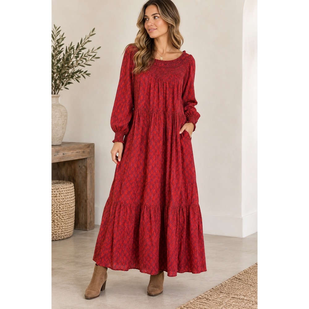 Universal Thread Red Patterned Smocked Maxi Dress Boho Cottagecore Western L